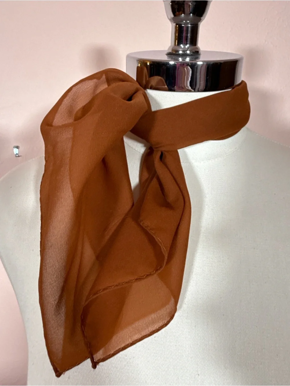 Vintage minimalist semi sheer rust brown rolled edge square scarf cravat EUC
